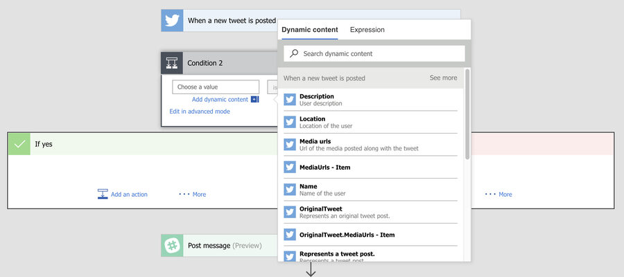 Voorbeeld van de Microsoft Flow userinterface die al snel technisch oogt.