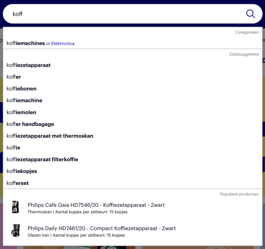 Voorbeeld van automatische zoeksuggesties bij bol.com